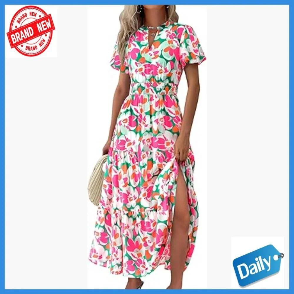 Maxi Dress with Puff Sleeves Smocked Waist Flowy A-Line V-Neck Casual